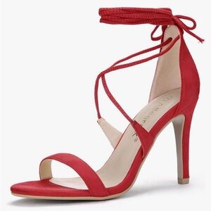 Red Stiletto Open Toe Heels With Strappy Tie Up Laces - Size 7 US